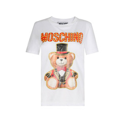 moschino/莫斯奇诺粉色礼帽熊印花LOGO短袖女士T恤卡通动漫棉字母