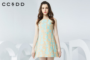 CCDD2016春装新款专柜正品梭织提花高腰修身无袖连衣裙甜
