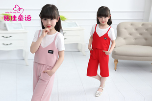 2016新款女童夏装韩版短裤短袖吊带三件套衣服夏季套装