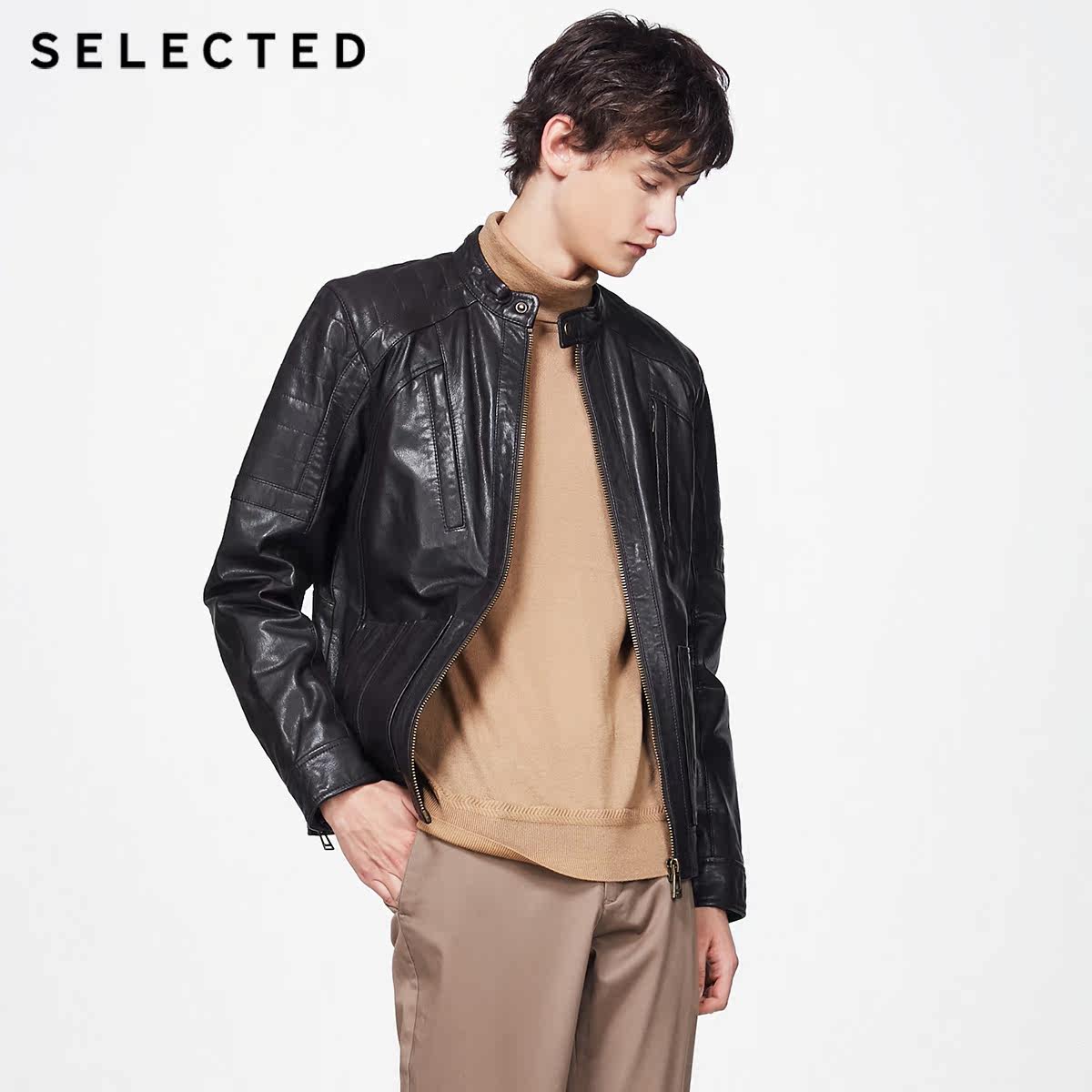 selected思莱德秋季新款山羊皮做旧男合体真皮皮衣c|417310506