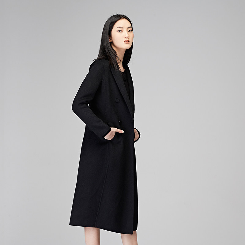 sdeer圣迪奥2017冬装新品帅气酷黑开叉摆中长款大衣外套s17481862