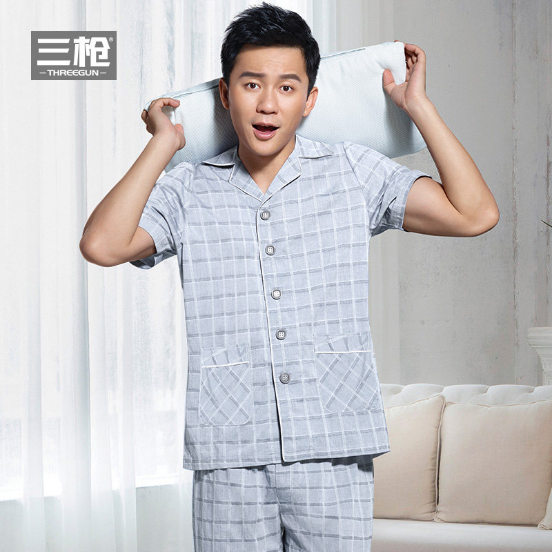 三枪睡衣男纯棉2018春夏居家格子李晨同款全棉男士家居服套装