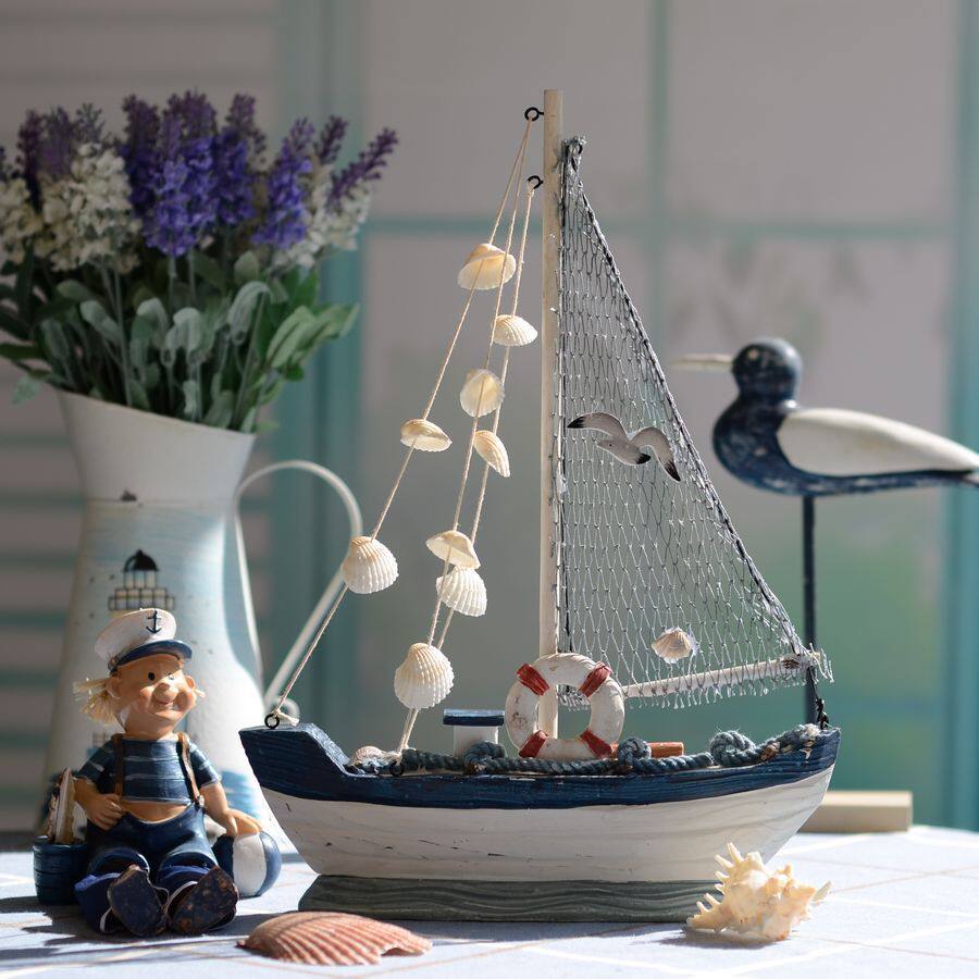 地中海风格木制贝壳渔船装饰船帆船道具船 家居装饰品 摆设 摆件