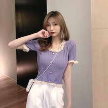 蕾丝边短袖针织衫女2020夏季新款韩版修身显瘦