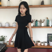 Korean version chic wind careful machine sexy hollow show thin Retro Tie small black dress summer
