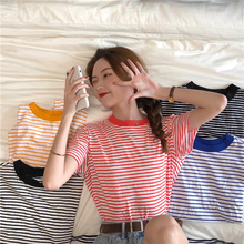 Striped slim short sleeve cotton T-shirt for women's summer wear, new style, thin on the outside and round on the inside