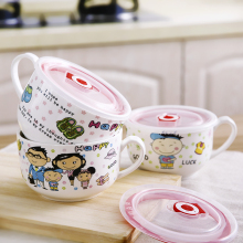 日式陶瓷汤面碗可爱家用卡通泡面杯带盖带把饭碗筷便