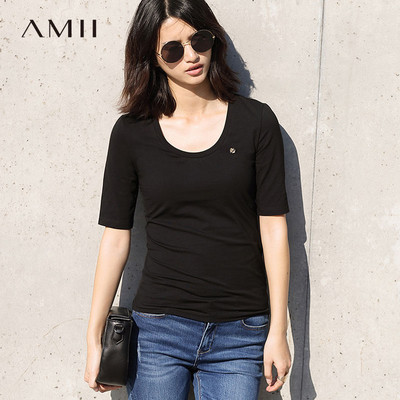amii2017春新女大码休闲莫代尔u型领修腰t恤