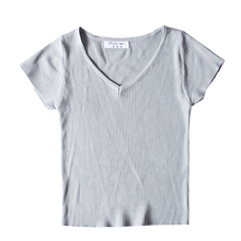 韩版新款冰丝短袖针织T恤女高腰短款V领修身针织衫纯