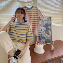 College style summer stripe short sleeve cotton T-shirt fat mm loose female student half sleeve ins top